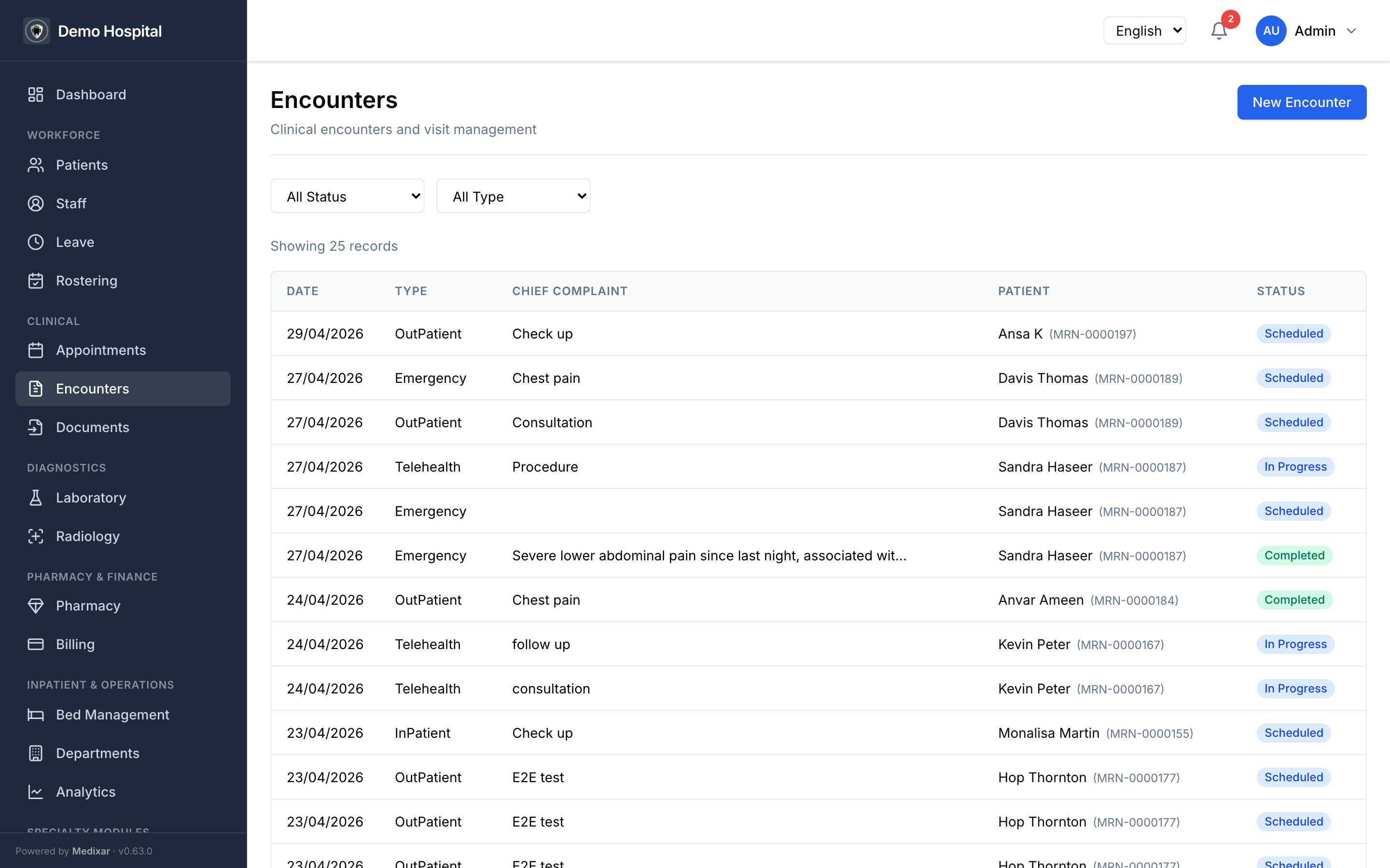 Encounters list with patient, type, complaint, and status